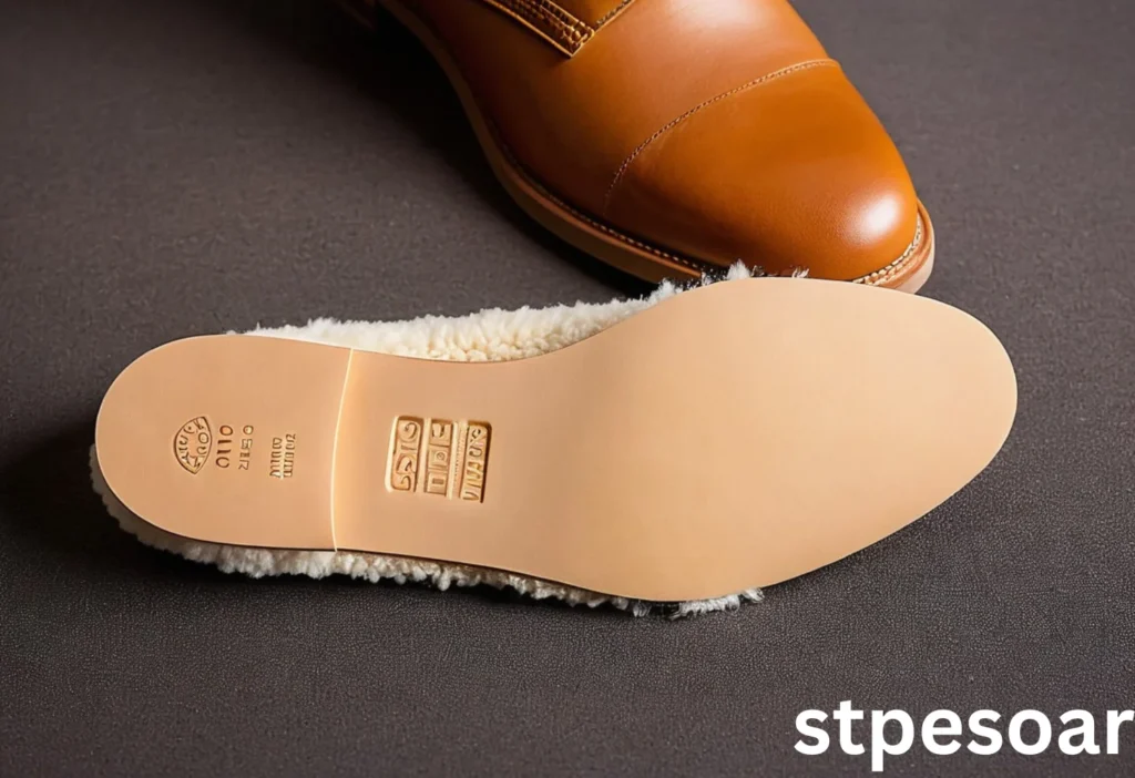 Depict two pairs of sheepskin insoles: one with thicker padding and one with thinner padding.