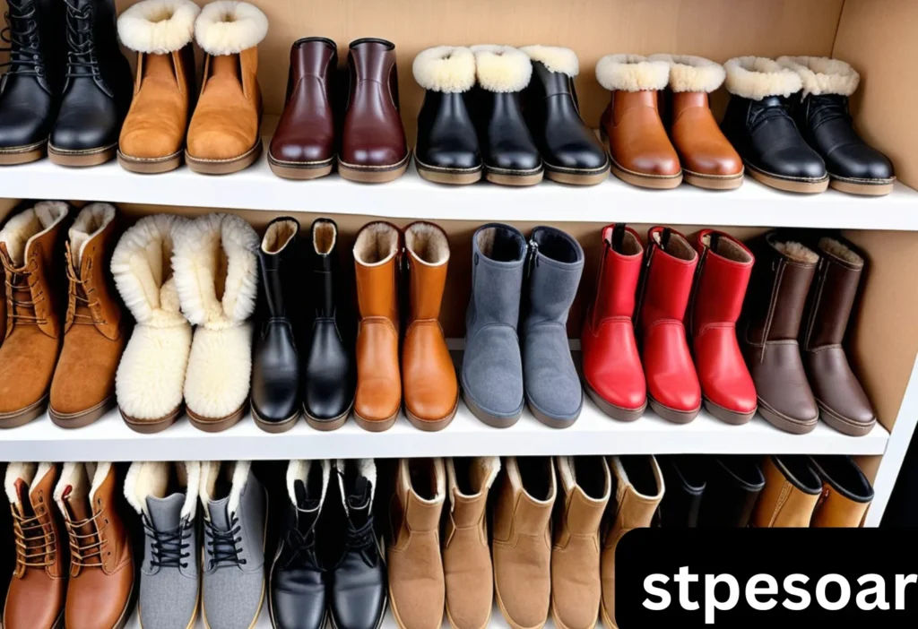 Show different types of shoes (boots, sneakers, slippers) with sheepskin insoles inside.